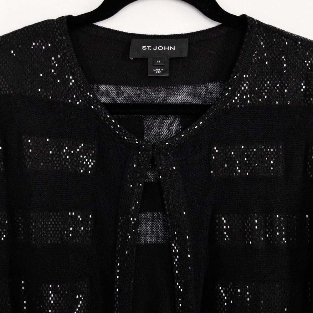 St John Black Sequin Open Front Knit Cardigan Sweater Jacket Women's 14 USA - Picture 5 of 10